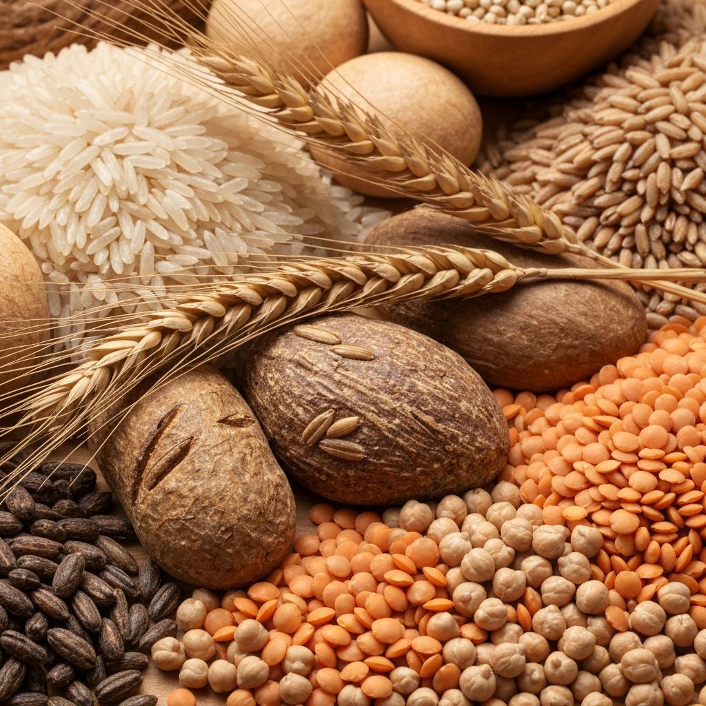 Natürliche Kohlenhydratquellen: Getreide, Reis, Hülsenfrüchte und Vollkornprodukte